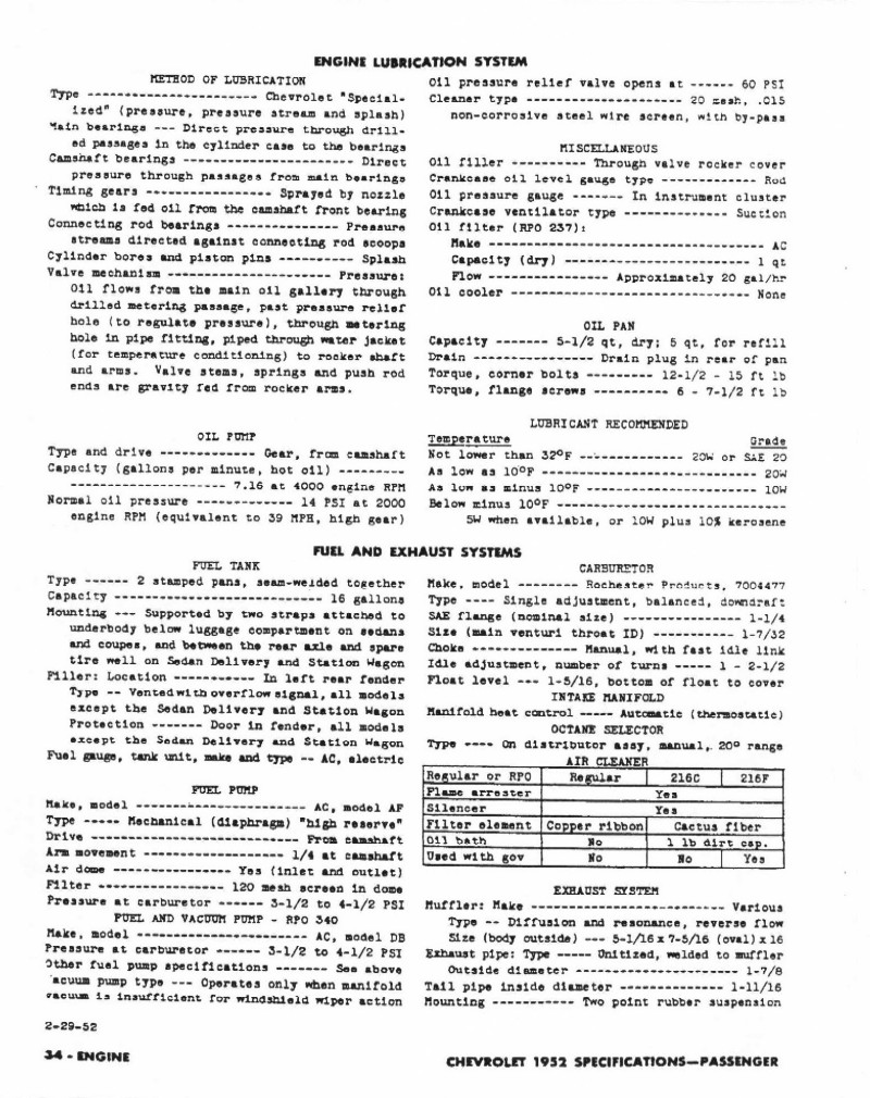1952 Chevrolet Specifications Page 2